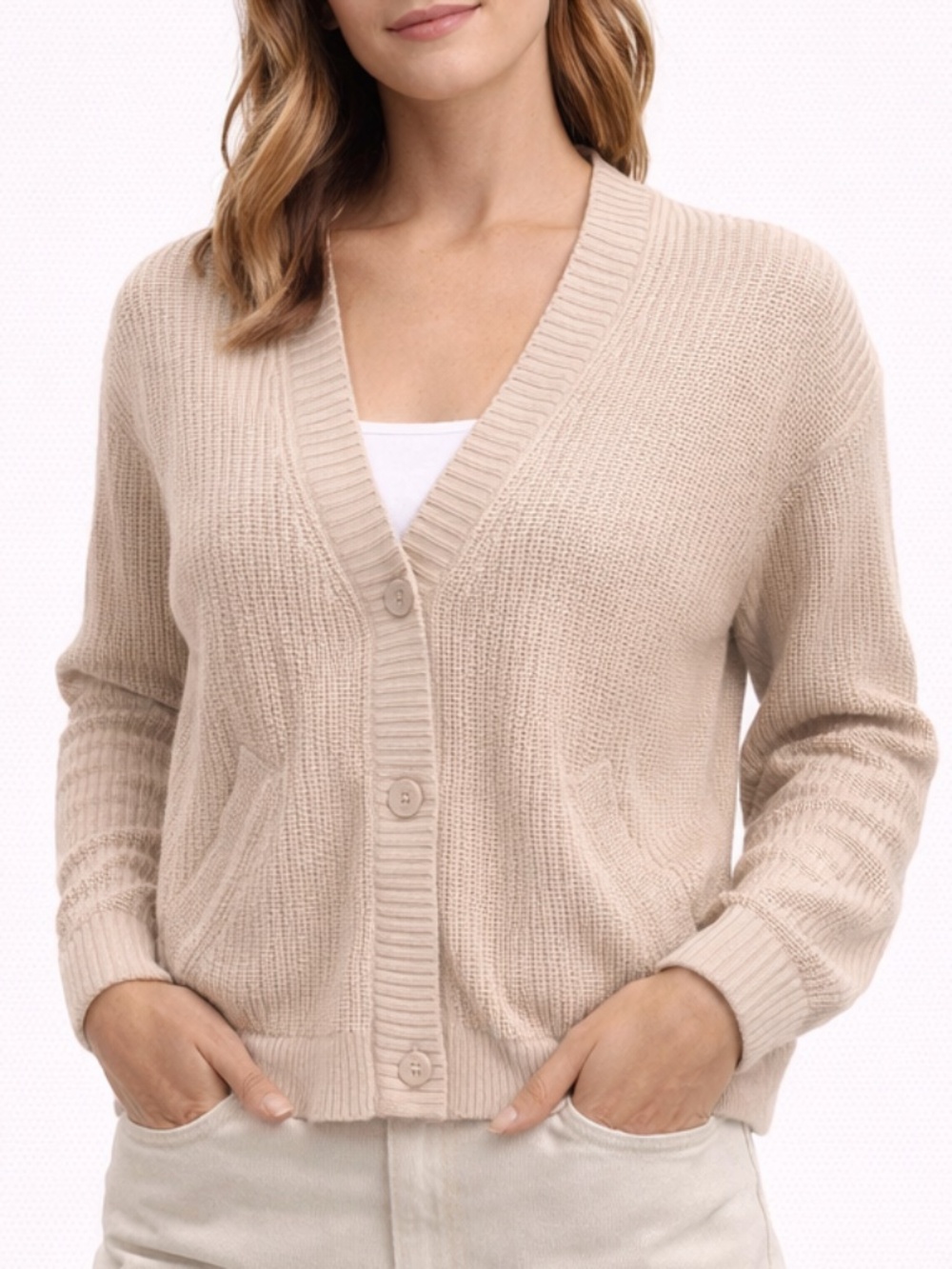 Stitches + Stripes Beige Knit Cardigan V-Neck Button Front Cozy Size M